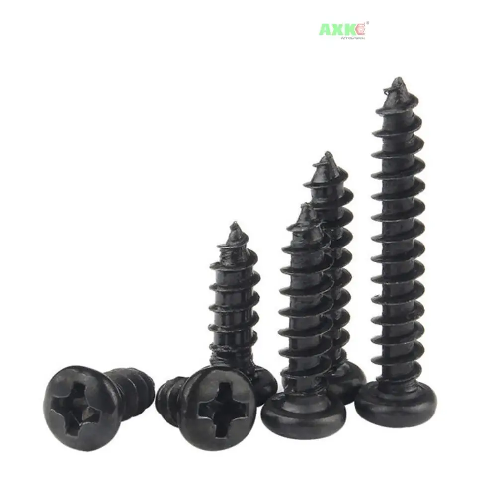 100 Pcs/Lot Cross Round Head Phillips Self-tapping Screw M1 M1.2 M1.4 M1.5 M1.7 M2 M2.3 M2.6 M3 M3.5 M4 M5 Black Carbon Steel