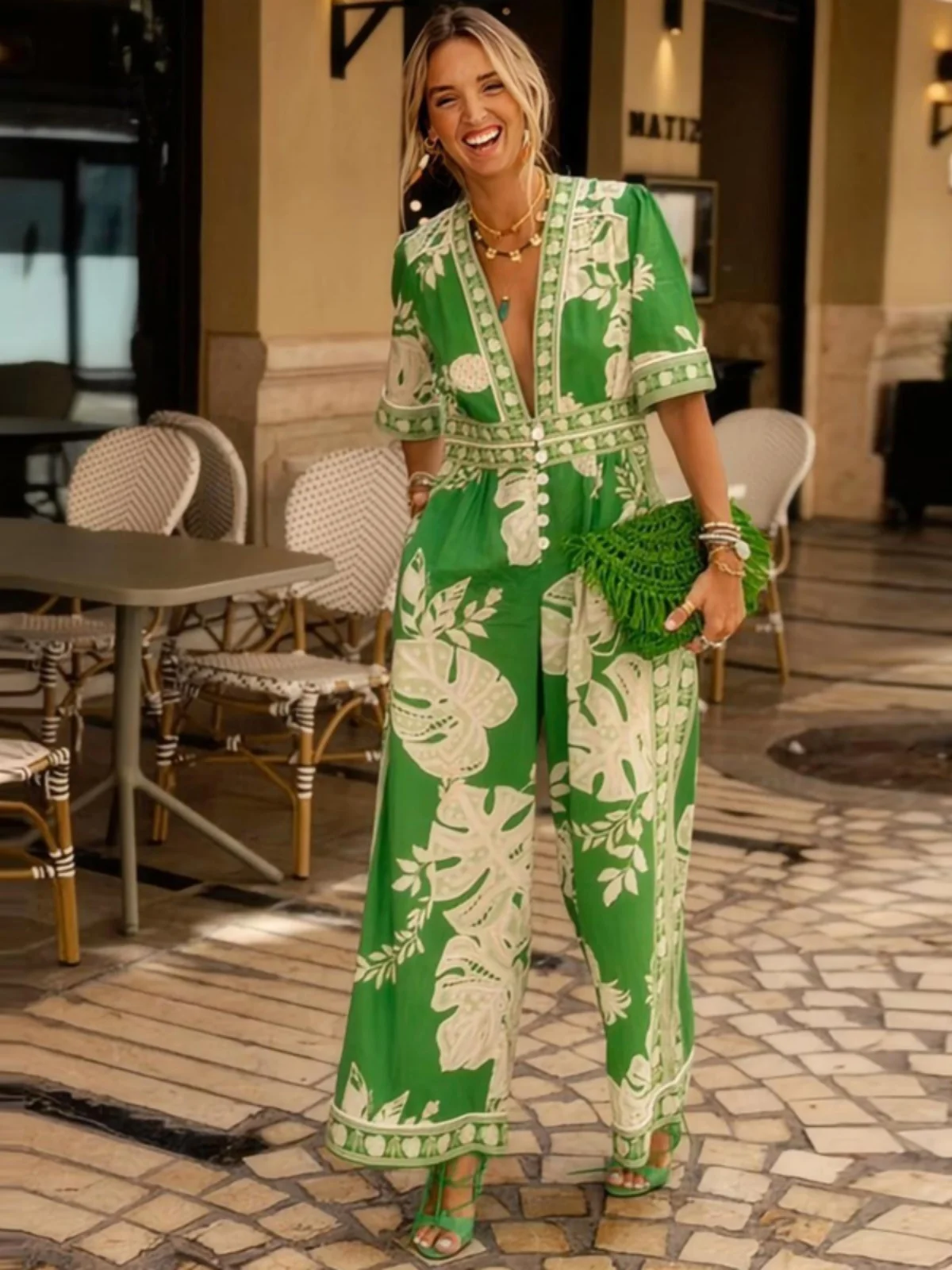 بدلة قفز صيفية واسعة الساق للنساء Svel V-Ne مطبوعة فضفاضة تناسب الشارع Sle سراويل طويلة نسيج البوليستر #1