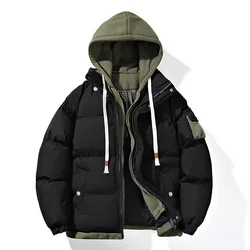 Color matching warm cotton-padded jacket, men's winter fake two thick hooded fashion coat, 2024 men's casual bread suit