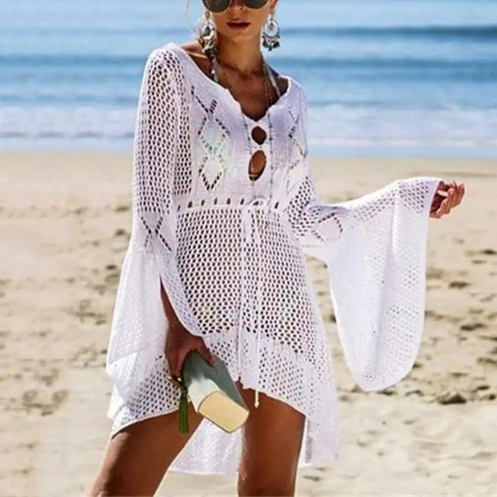 Bikini Cover-up Beach Cover Up Hollow Out Knitted Women Flared Sleeves Solid Color Beach Dress for Vacation Swimsuit