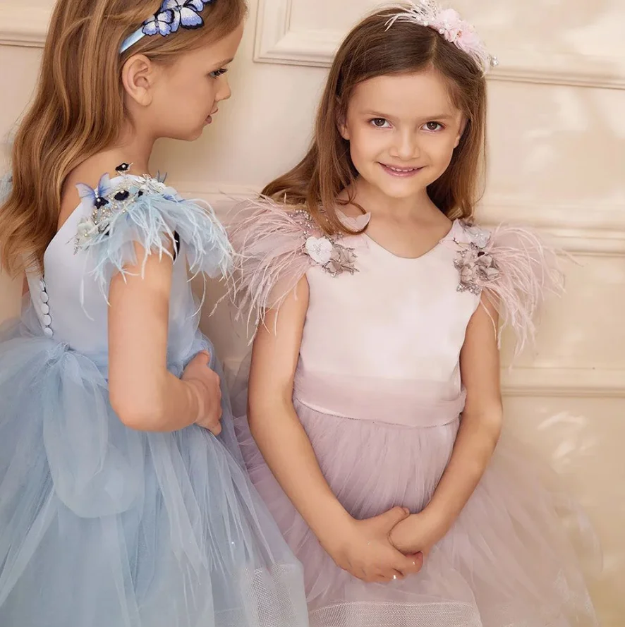 Puffy Layered Tulle Girls Dress For Wedding O Neck Sleeveless Party Birthday Dress First Communion Gowns Girls Dresses