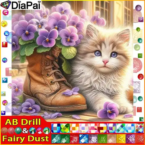 DIAPAI Fairy Dust AB 5D Diy Diamond Painting Cross Stitch"Cat Animal Flower"Home Decor Full Rhinestones Inlay Diamond Embroidery