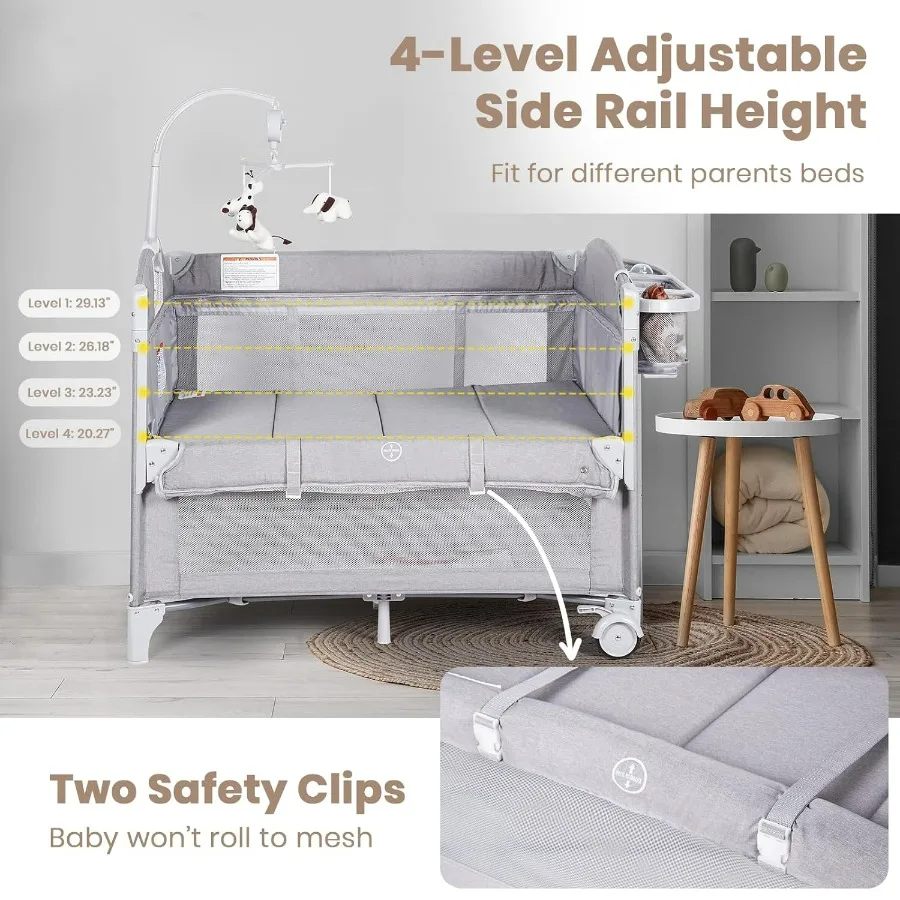 سرير أطفال بجانب السرير، 4 في 1 سرير محمول بجانب السرير مع مرتبة، مبدل الحفاضات، سلة تخزين، صندوق موسيقى، حقيبة حمل، F