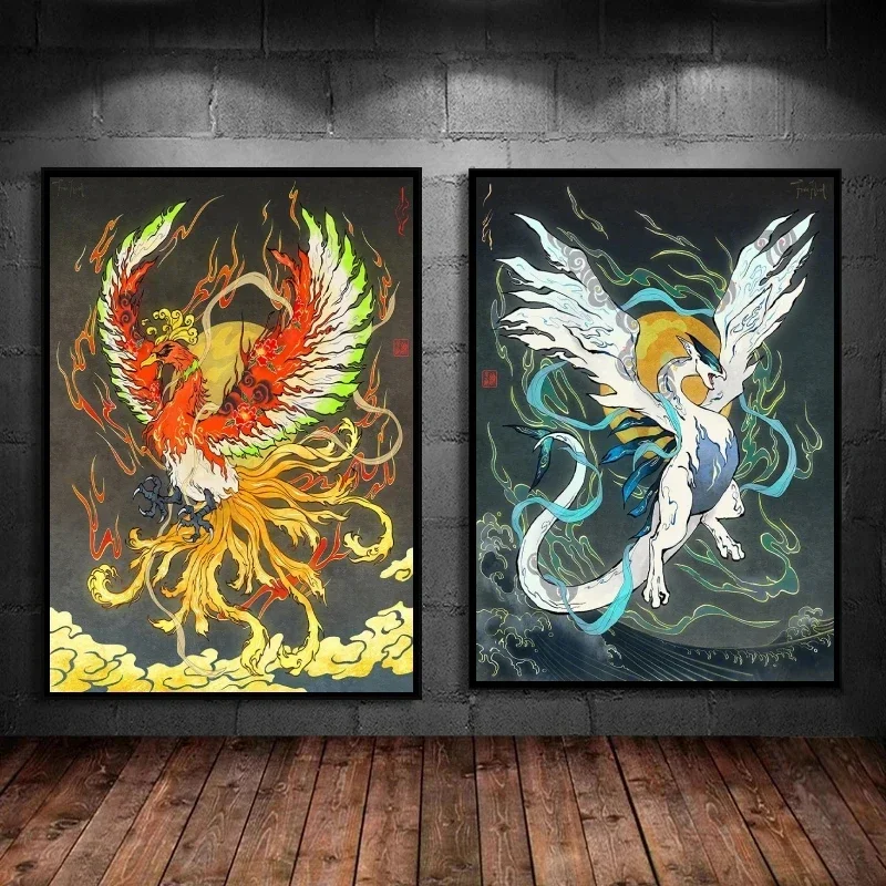 Póster clásico estilo Ukiyoe, figuras de Pokémon de Anime, pintura en lienzo Hd de Lugia, decoración del hogar, decoración de dormitorio para niños, regalo de vacaciones