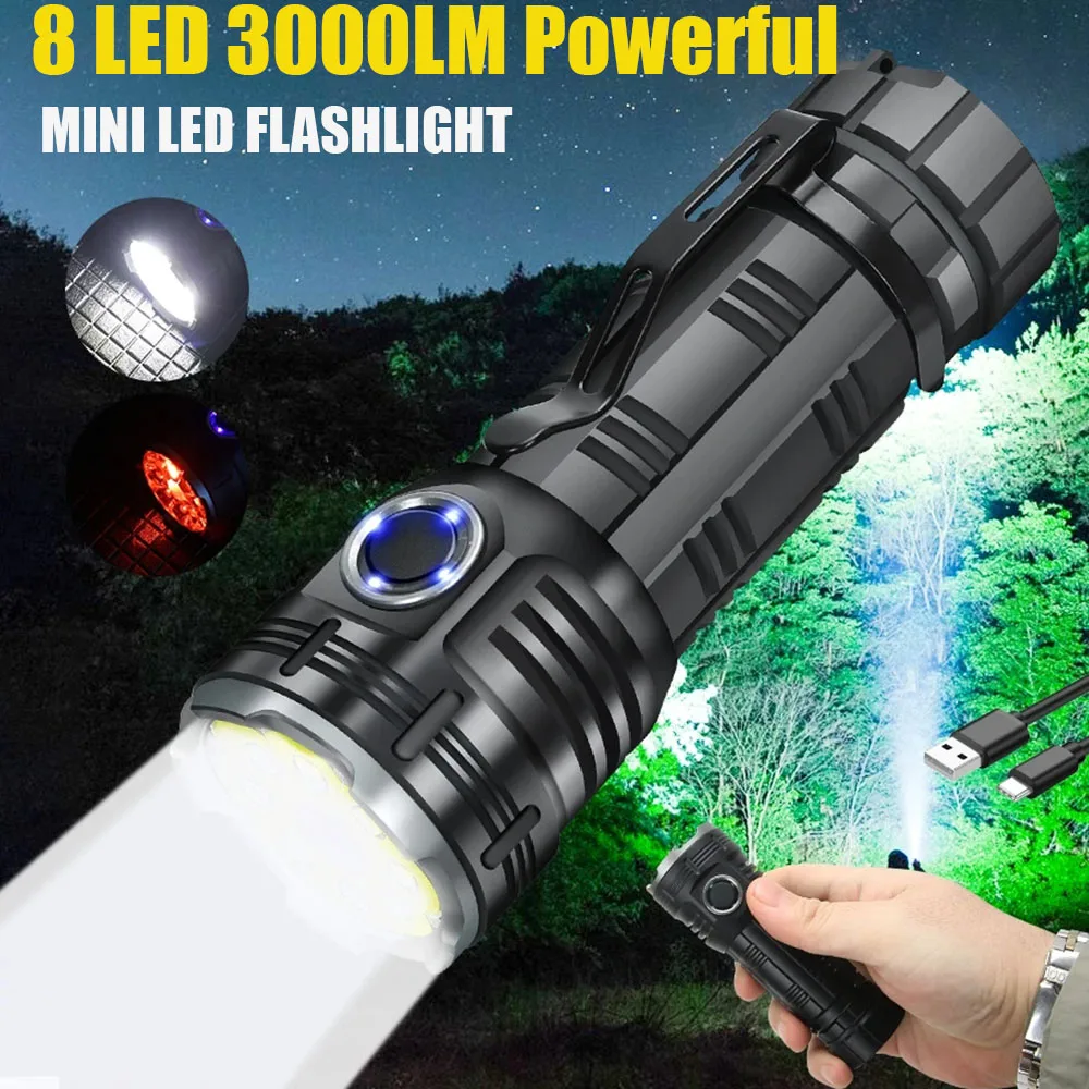 

8 Modes Mini LED Flashlight USB Rechargeable Super Bright Tactical EDC Torch with Side Clip for Outdoor Fishing Camping Lantern