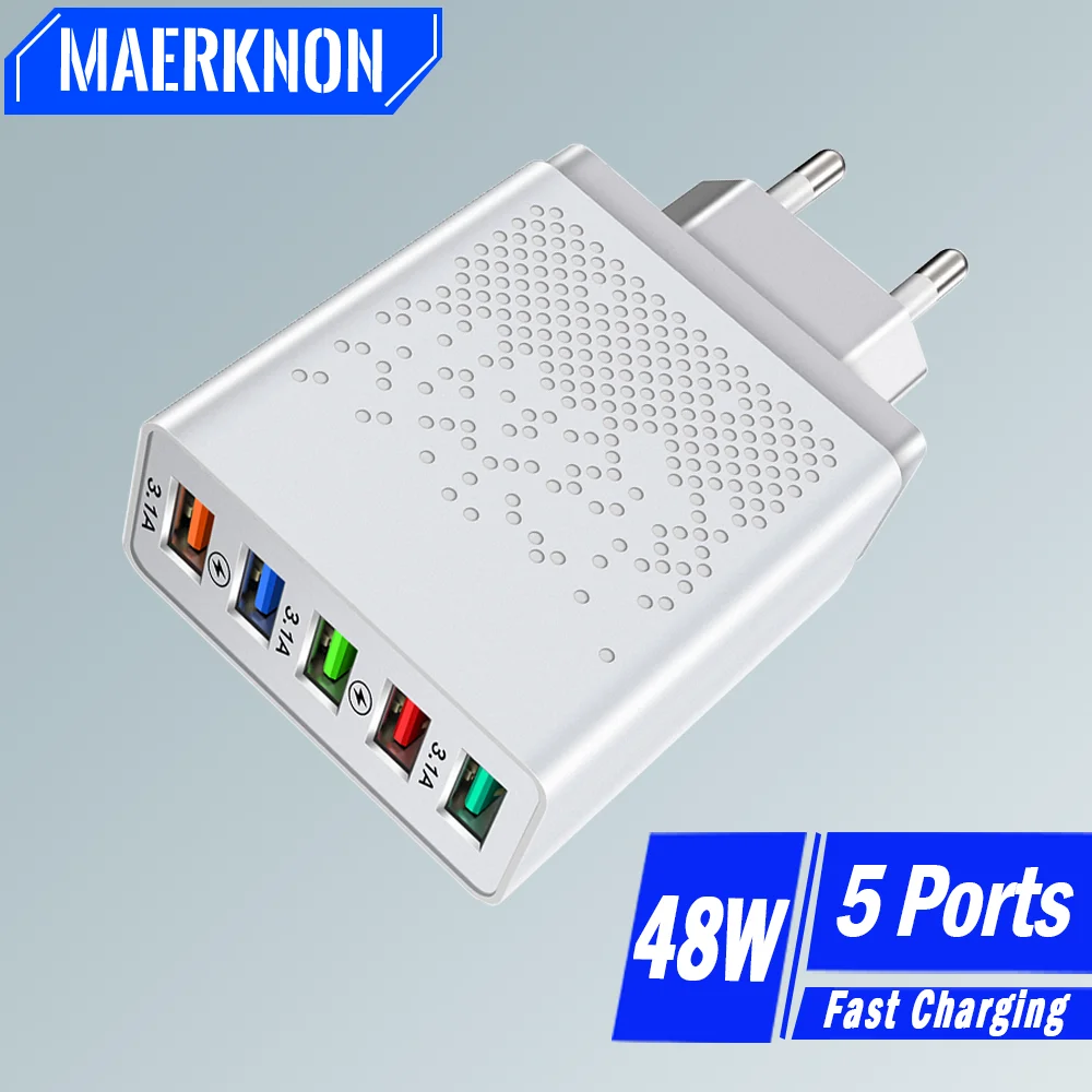 USB 휴대폰 충전기, 빠른 충전, 멀티 플러그 벽 충전기, 아이폰, 삼성, 샤오미, 화웨이용, 휴대용 EU, US 플러그 어댑터, 5 포트, 48W