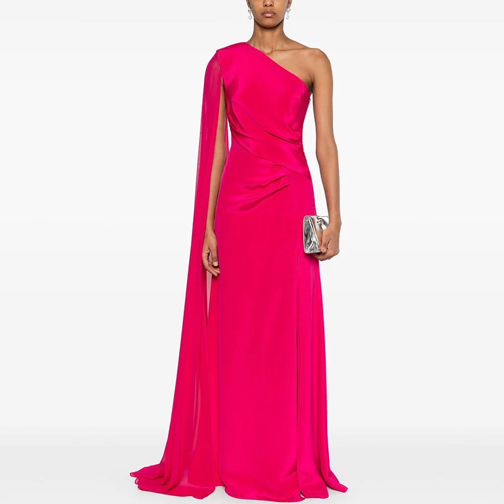 

Chic Evening Dresses 2025 Taffeta Sheath/Column Valentine's Day Dress Hot Pink One-shoulder Draped Pleat Party Gown Long