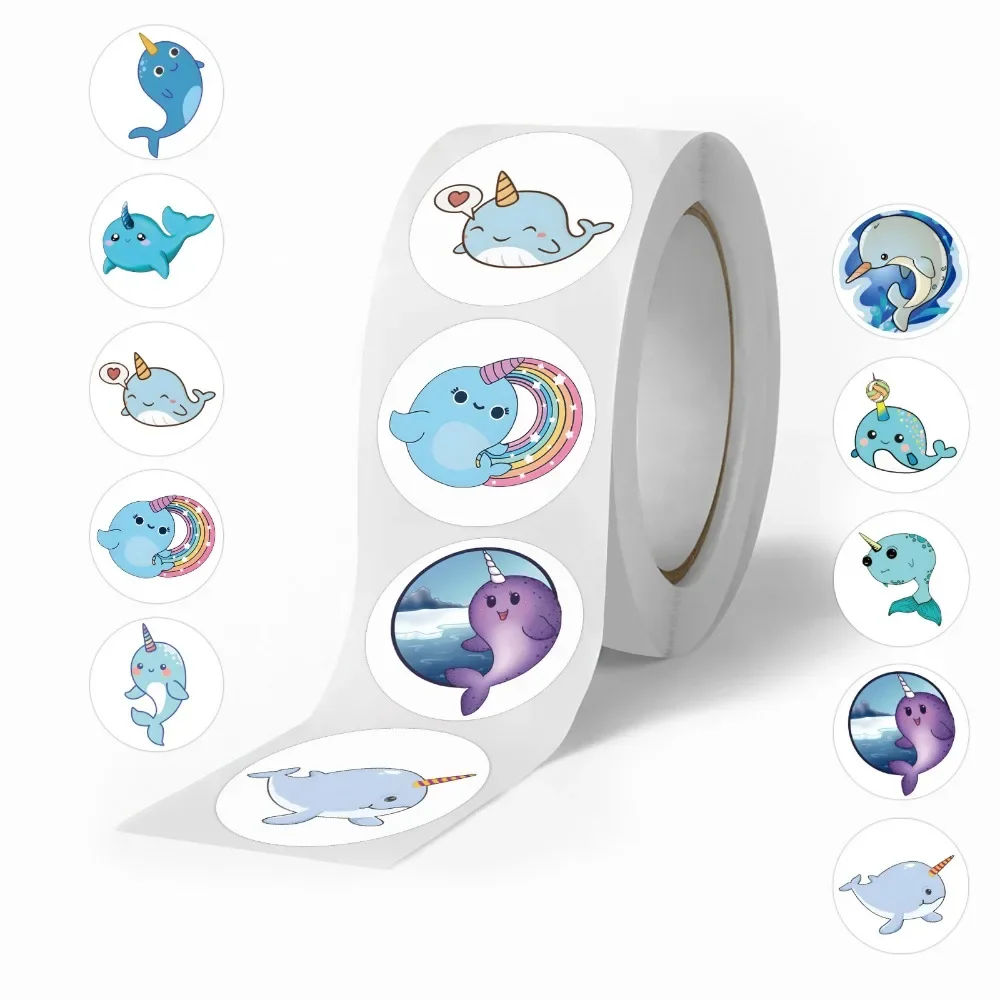 500pcs Circular Ocean World Narwhal Stickers Sea Fish Graffiti for Phone Laptop Guitar Travel Luggage Skateboard Car DIY Reward