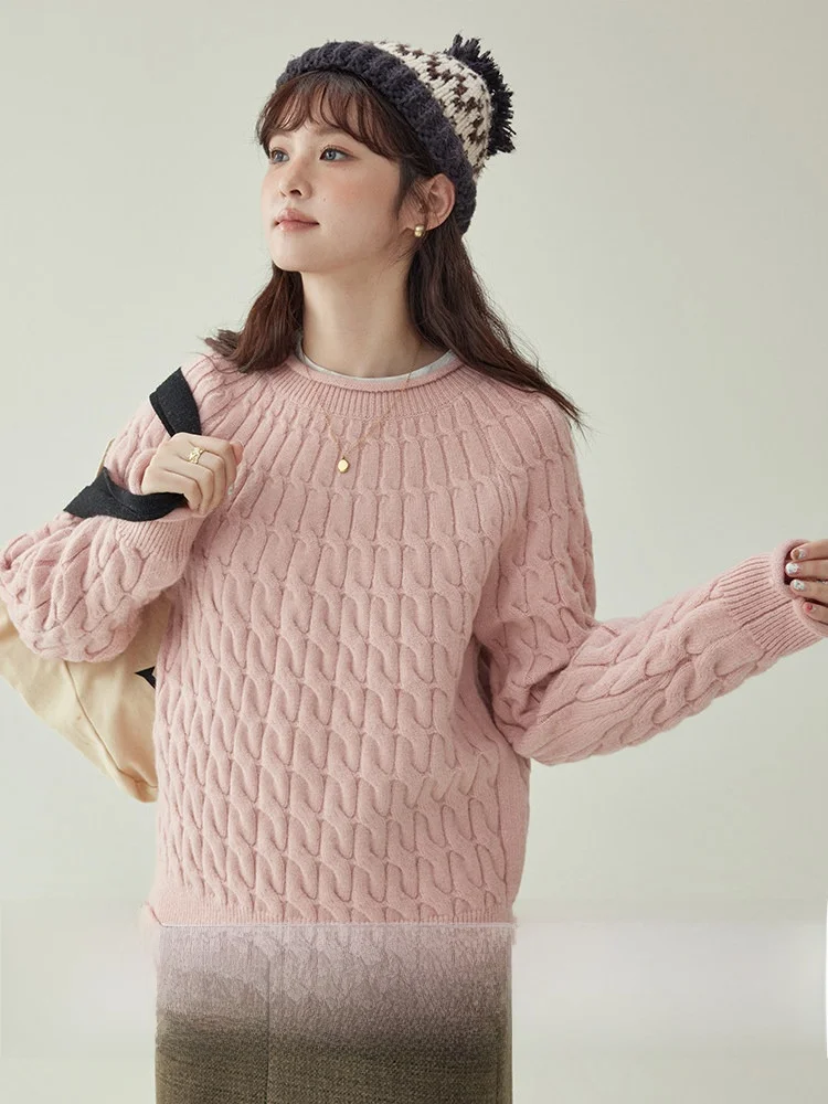 

AMUU Оригинальный женский свитер с длинными рукавами, розовый, с узором «косичка», круглый вырез, зимний, новый, милый, повседневный, удобный, вязаный.