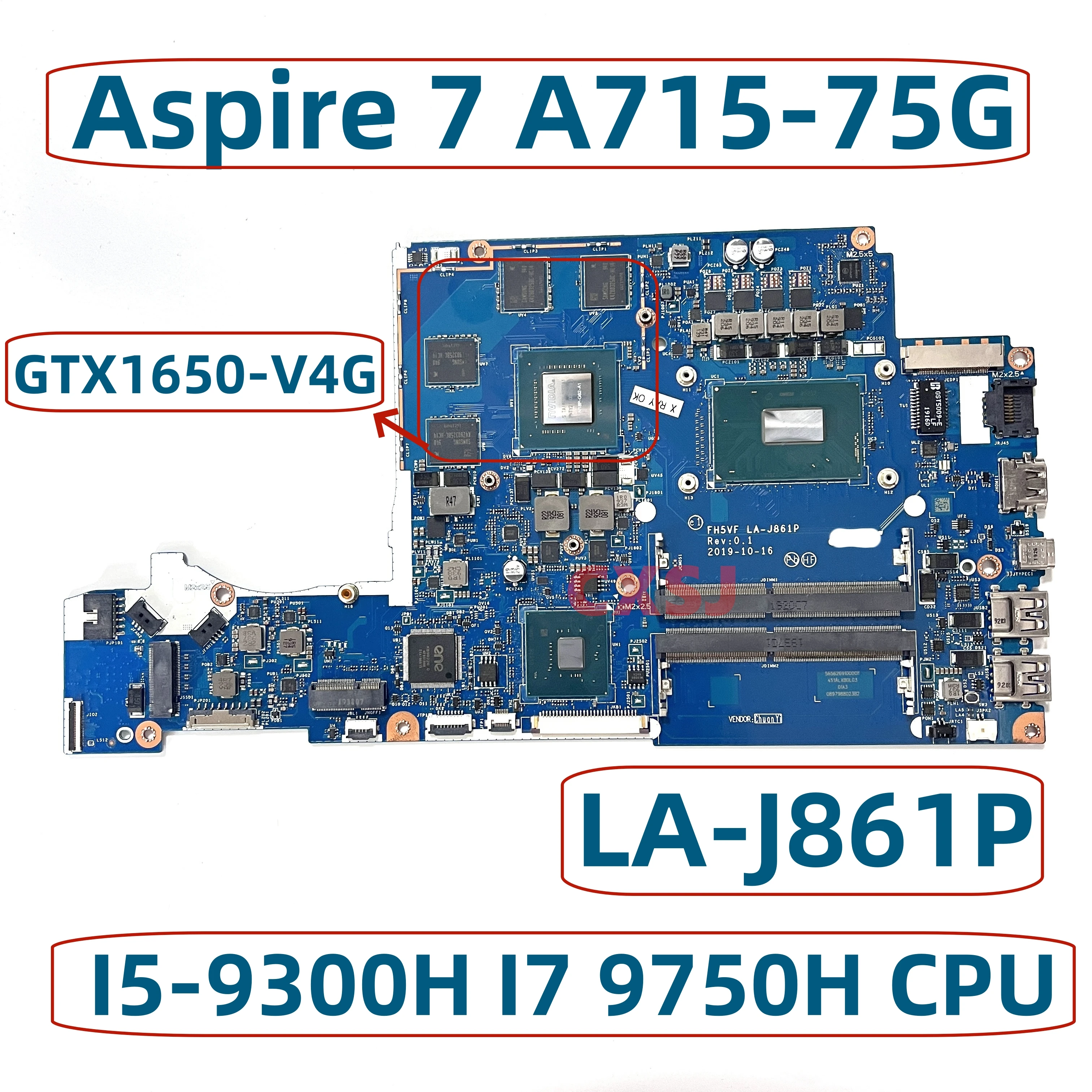 

FH5VF LA-J861P для Acer Aspire 7 A715-75G материнская плата для ноутбука с процессором SRFCP I7 9750H GPU N18P-G61-MP2-A1 GTX1650 4G DDR4 100% OK