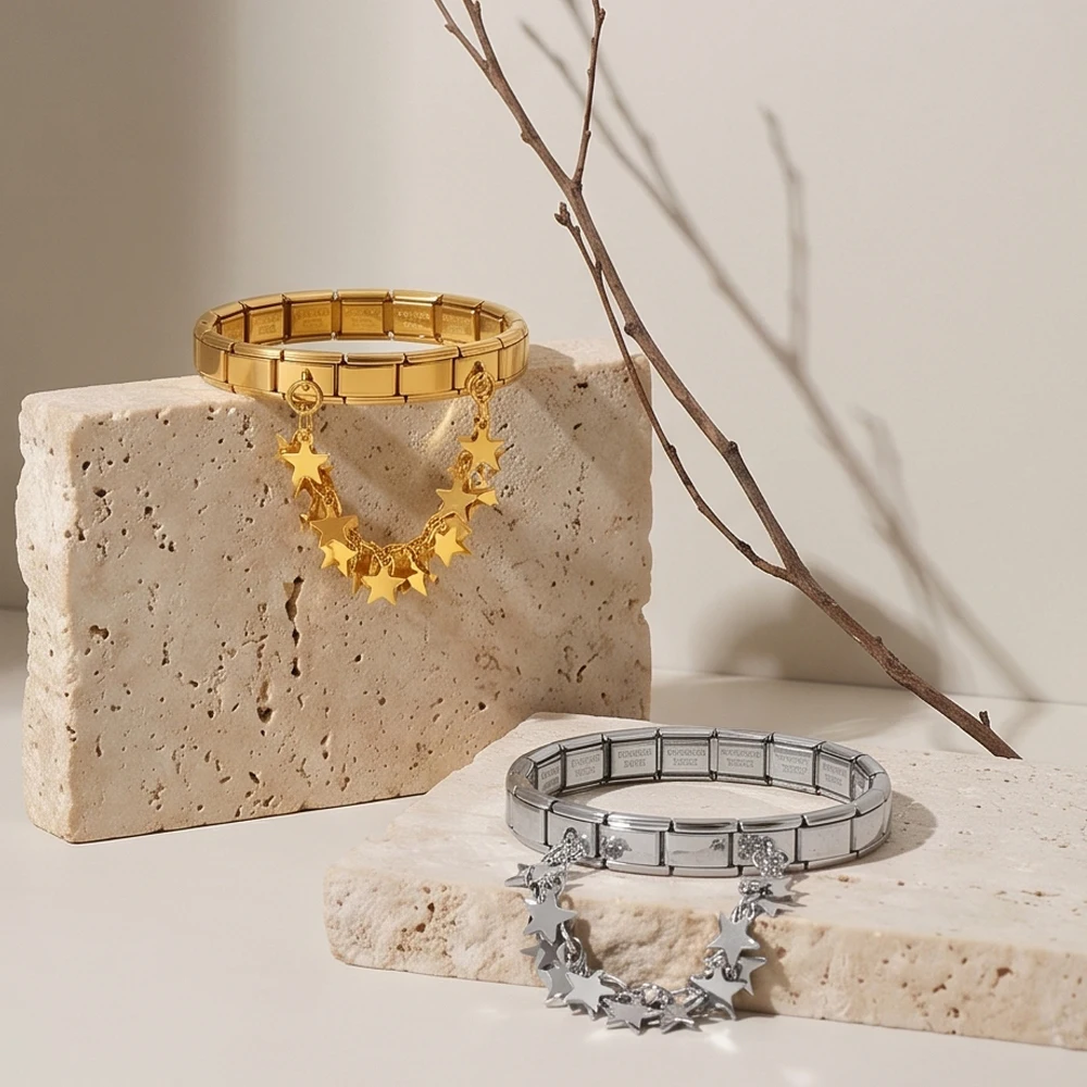 9mm Creative Charm Jewelry Design Flower Circular Star Leaf Blade Flow Su Italian Stainless Steel Double Hanging Bracelet DIY