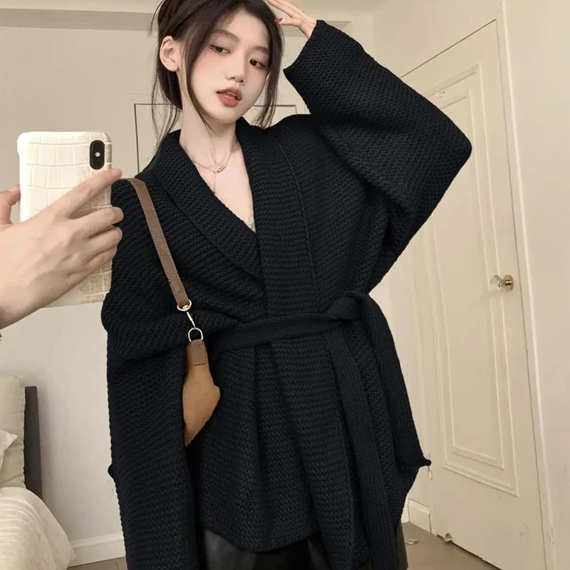 Autumn Winter Women Black Sweater Cardigan White T Shirts Wide Leg Pants 1 or 3 Piece Set 2023 New Knitwear Coats Outfits Female