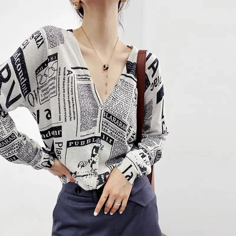 Graffiti Digital Jacquard Fine Imitation Fashion Wool Knitted Cardigan Women\'s 23 Spring Autumn Thin Loose Jacket Trendy Sweater