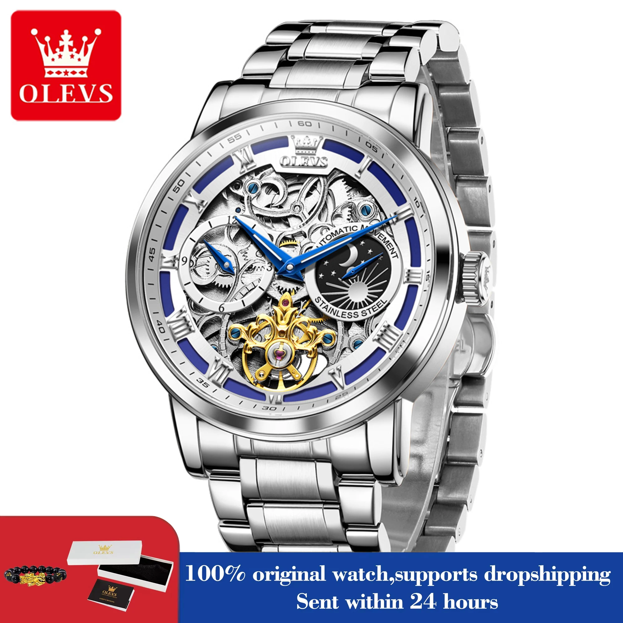 

OLEVS Mens Watch Original Luxury Brand Skeleton Mechanical Wristwatch Moon Phase Waterproof Business Male Hand Clock 6670