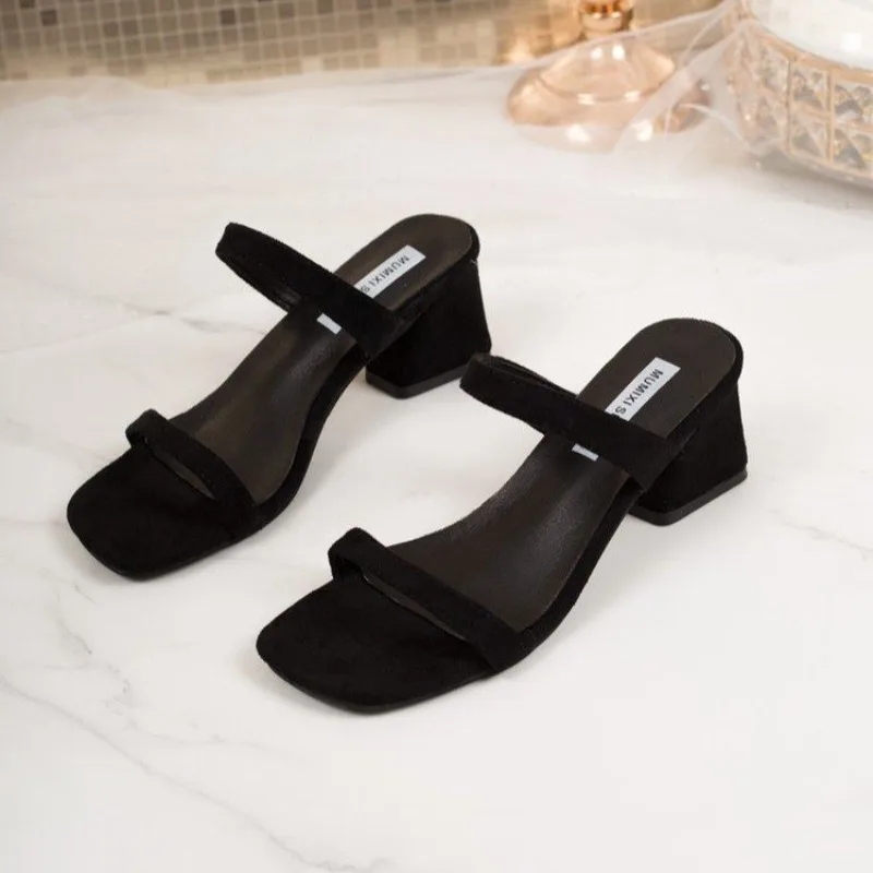Sommerliche Damen-Slipper mit dickem Absatz, elegante offene Zehenpartie, schmaler Riemen, elegante Schuhe für Damen, Outdoor, schlichte Party- und Pendler-Sandalen