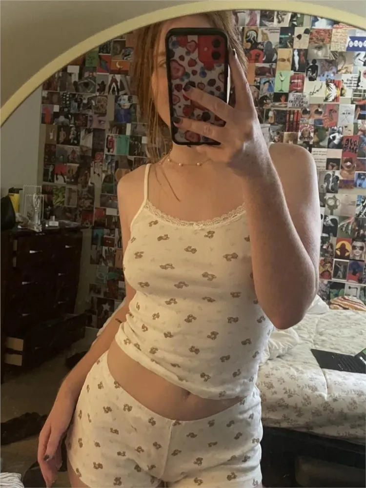 

Cute Little Bears Bow Tank Shorts Set Woman Lace Trim Slim Camisole+Straight Elastic Short Cotton Sweet Home Pajama 2 Piece Sets