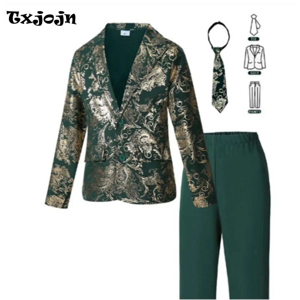 Formal Boys Suit Fashion Homecoming Tuxedos 3-piece Set Performance Costume Embossed Foil-Printed Jacket Pants Tie for Party