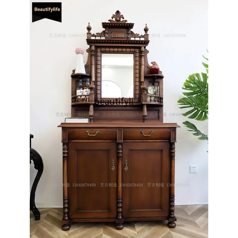 C139  French Vintage Solid Wood Mortise and Tenon Sideboard Cabinet Retro Entrance Cabinet American Practical Decorative Storage