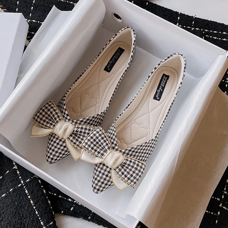 Women Flats Plaid Bowknot Pointed Toe Small Size 31 32 33 34 Spring Summer Casual Shoes Comfort Elegant All Match Flat Shoes