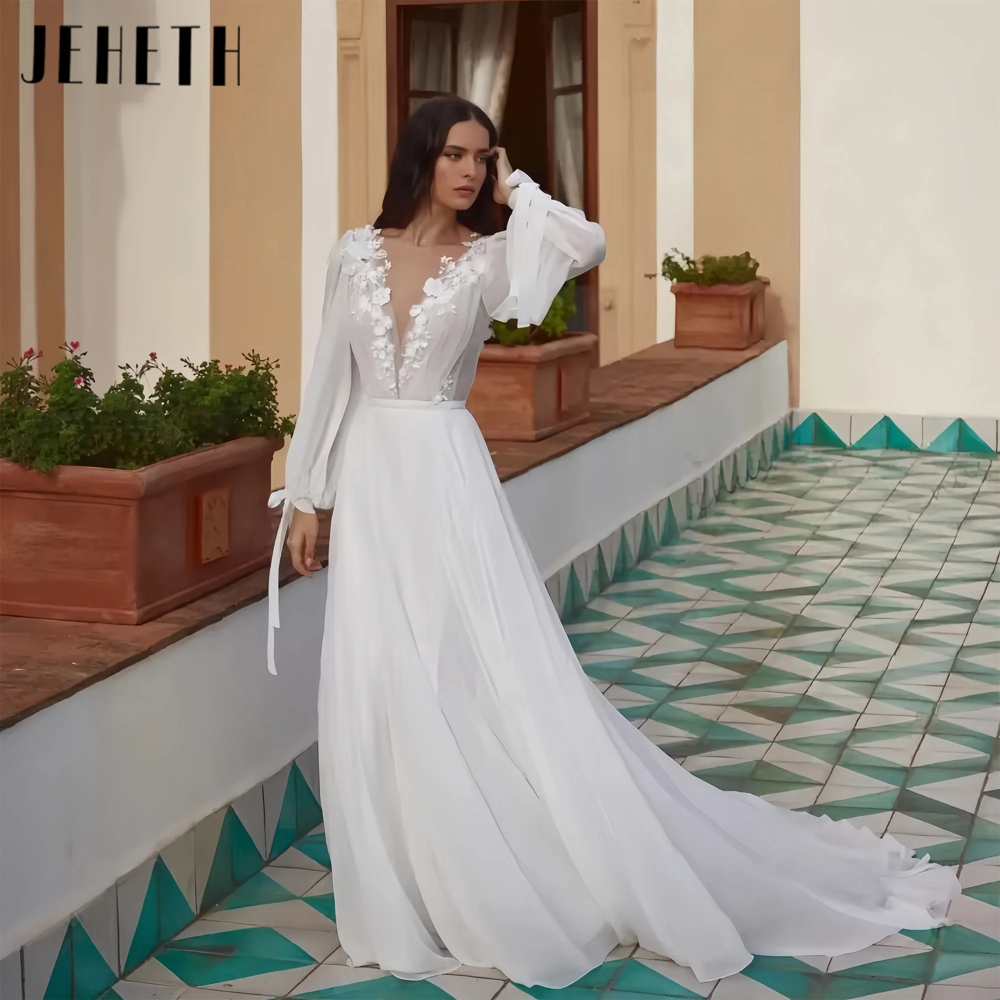 

Glamorous Wedding Dresses A Line Bridal Gowns Long Puff Sleeves Robes Sexy Deep V-Neck Modern Vestidos De Novia 2025 Customized