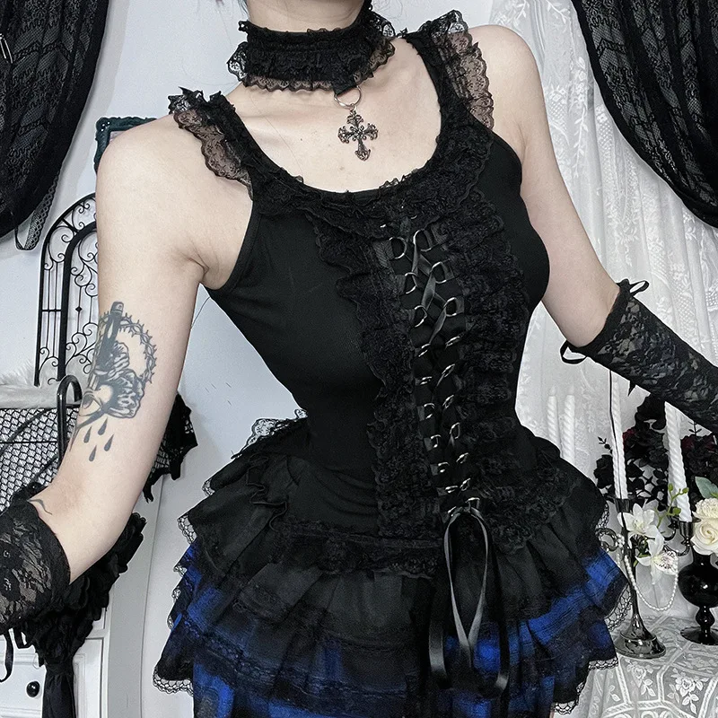 

2025 Symmer Dark Punk Gothic Crop Vest Black Sexy Y2K Halloween Clothing Lace Up Strapless Fashion Lace Slim Bodycon Tank Top