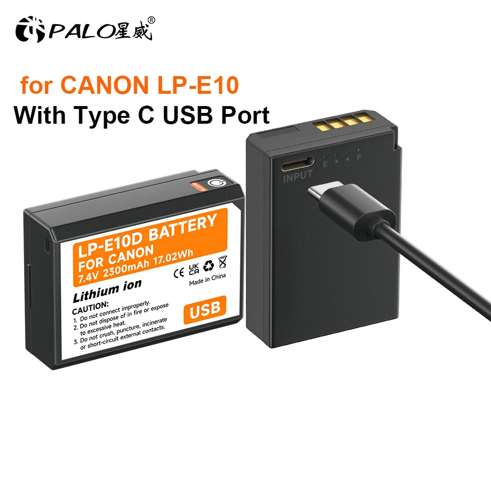 PALO 2300mAh LP-E10 LP E10 LPE10 Battery With USB C Charging Port for Canon EOS 1100D 1200D 1300D Kiss X50 X70 X80 Rebel T3