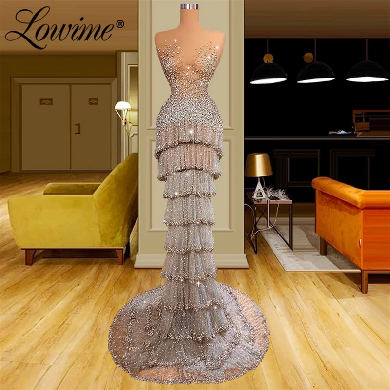 

Lowime 2022 Attractive Heavy Beading Tiered Mermaid Evening Dresses Couture Crystals Long Celebrity Dresses Party Gowns Robes