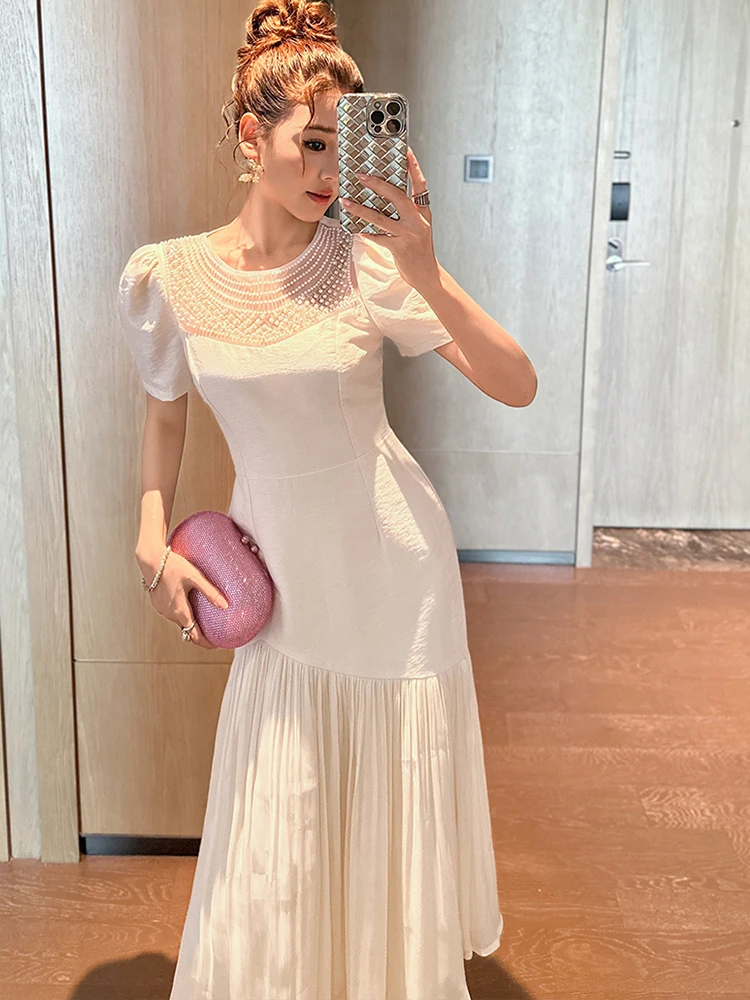 Elegancka, luksusowa sukienka maxi z perłami, bufiastymi rękawami, falbanami, asymetrycznym krojem, dopasowana, idealna na formalne przyjęcia, urodziny, wieczorne wyjścia, sukienka damska, vestidos, nowa.