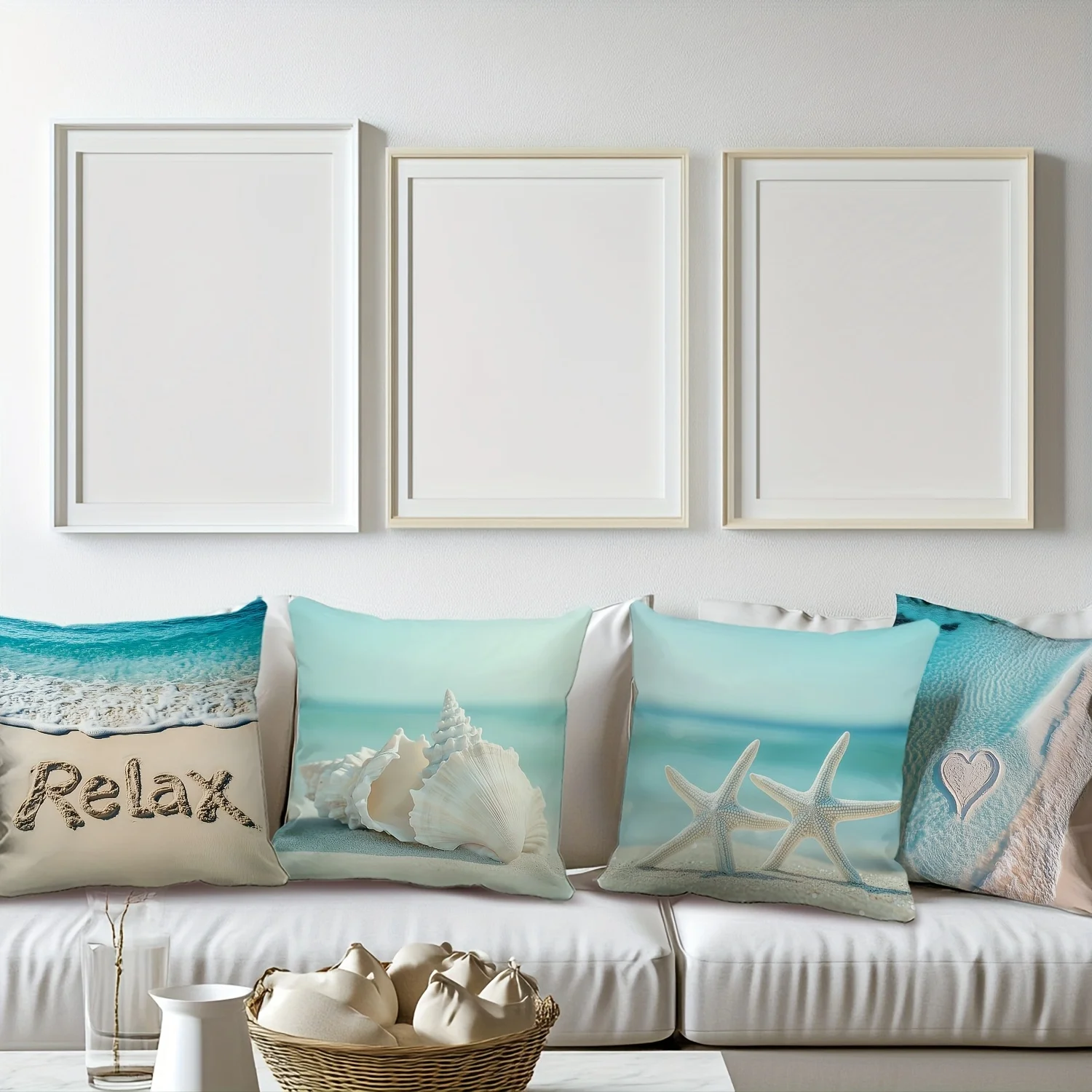 4 ocean-themed pillowcases, modern style with shell, starfish, and heart patterns, machine washable,insert not included
