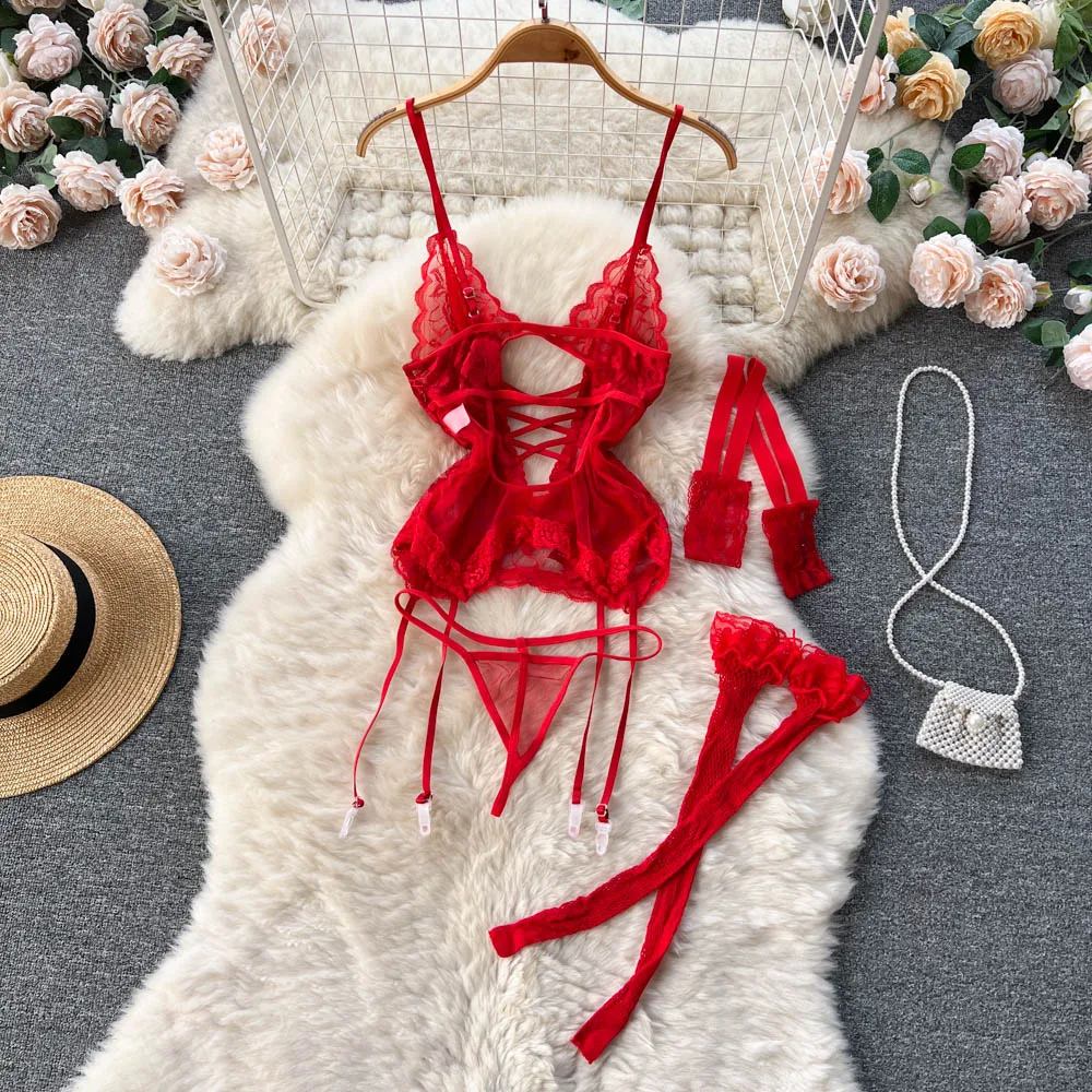 Women Transparent Floral Lace Bra Brief Suit Fashion Tight Erotic Underwear 3 Piece Sexy Intimate Lingerie Stocking Set