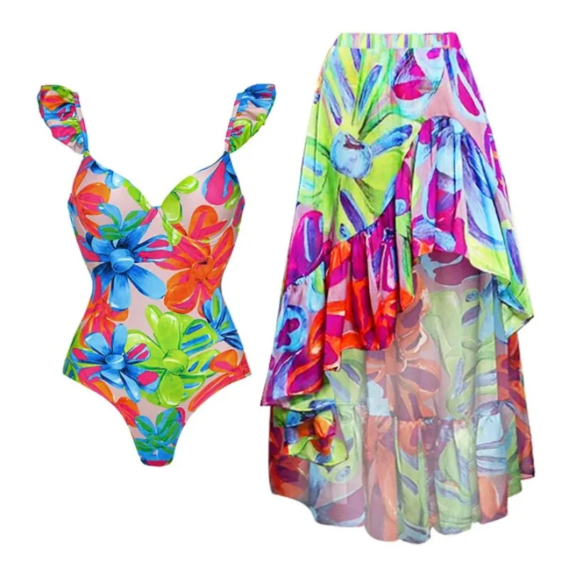 Women's Colorful Print Sexy Deep V One Piece Bikini Set, Lace-up Design, Floaty Beach Skirt, Front Short Fashion, Long Cover Up