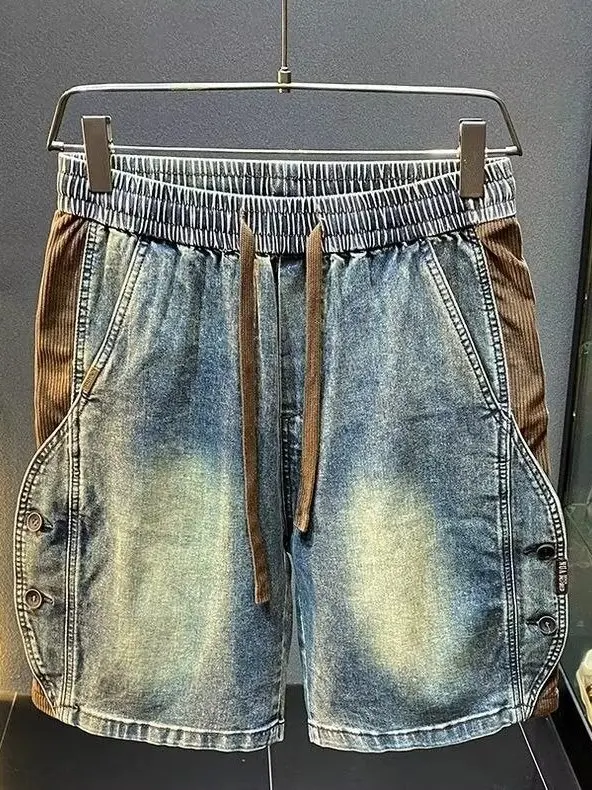 

American Retro Drawstring Denim Shorts Men Summer Thin Loose Heavy Wash Five-Quarter Casual Patchwork Jeans Loose Fit Jeans