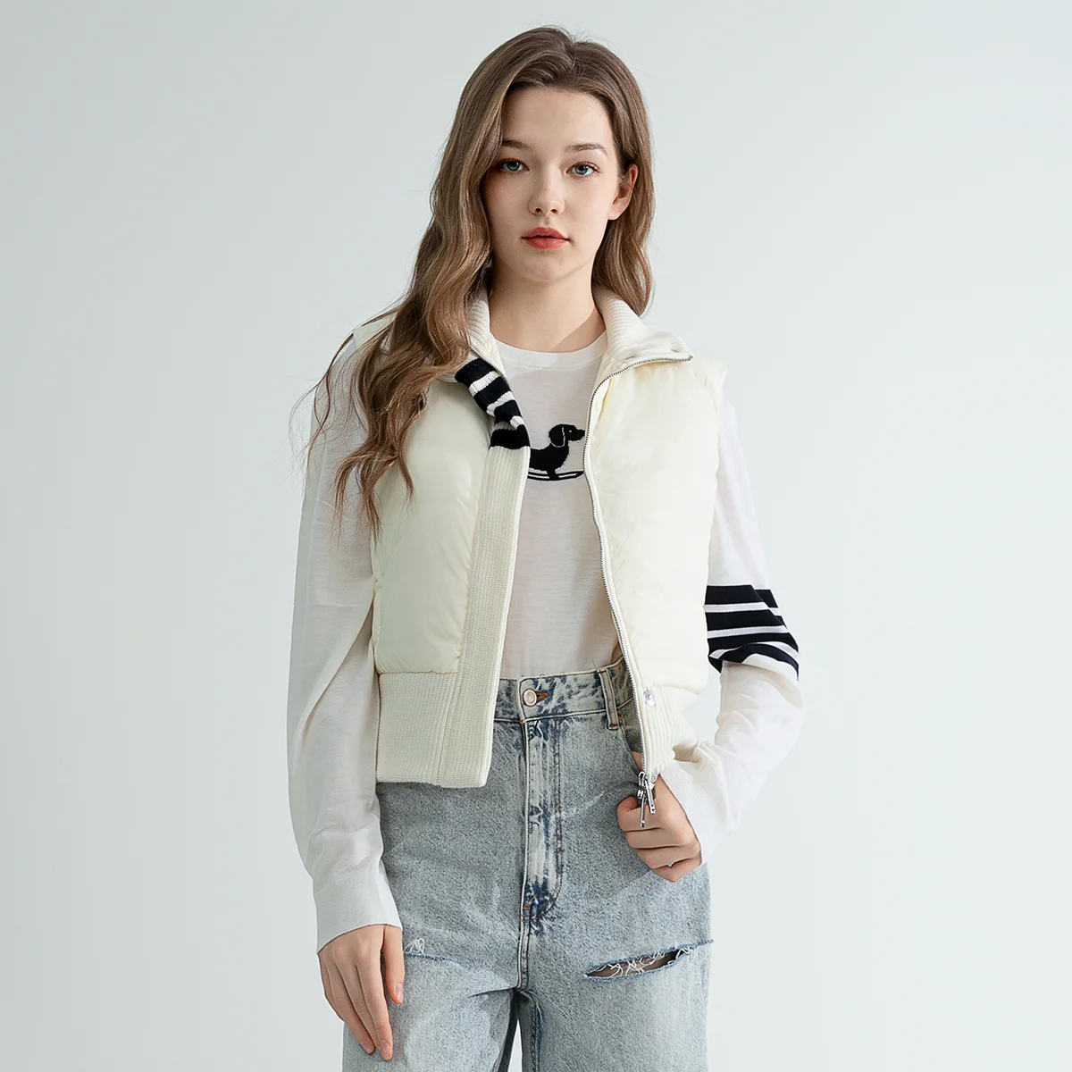 TC746 High quality luxury women's clothing trendy brand 100% wool patchwork white goose down jacket winter vest coats