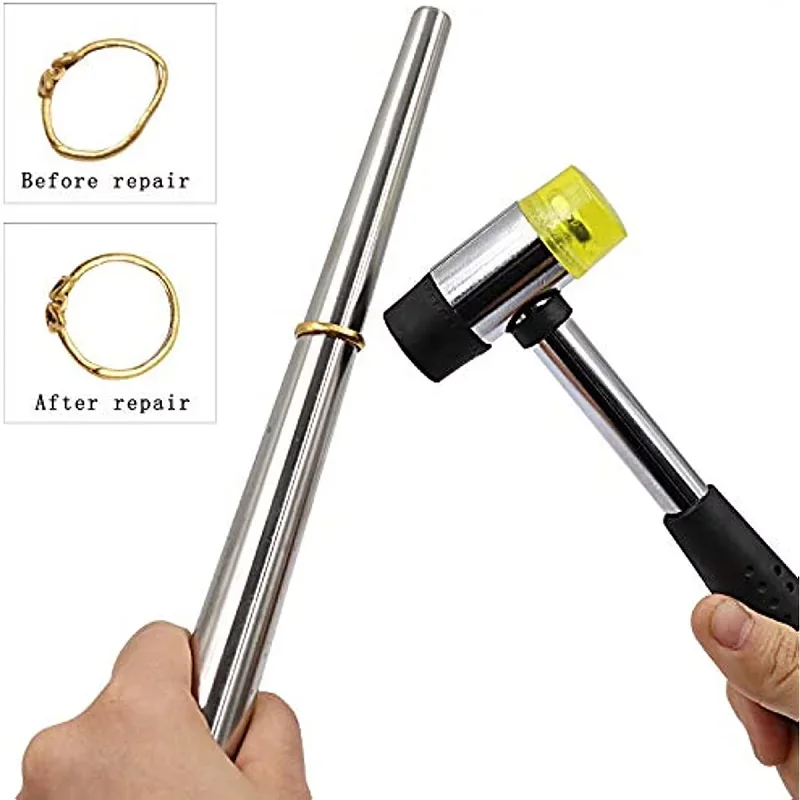 2Pcs Jewelry Precision Repair Tool Set Double Face Rubber Mallet Stainless Steel Ring Mandrel Sizer Portable Ring Enlarger Stick