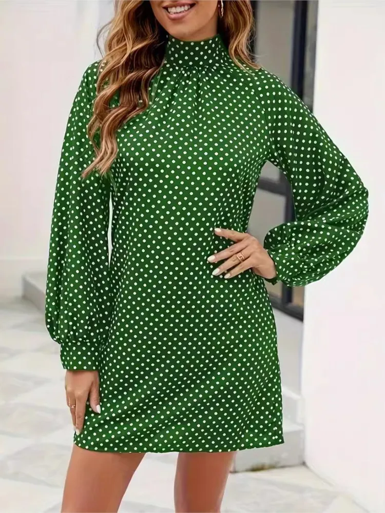

Solid Color Polka Dot Print Mini Dress Summer Woman's Fashion O-neck Leisure Lantern Sleeves Loose Dresses Ladies Party Vestidos