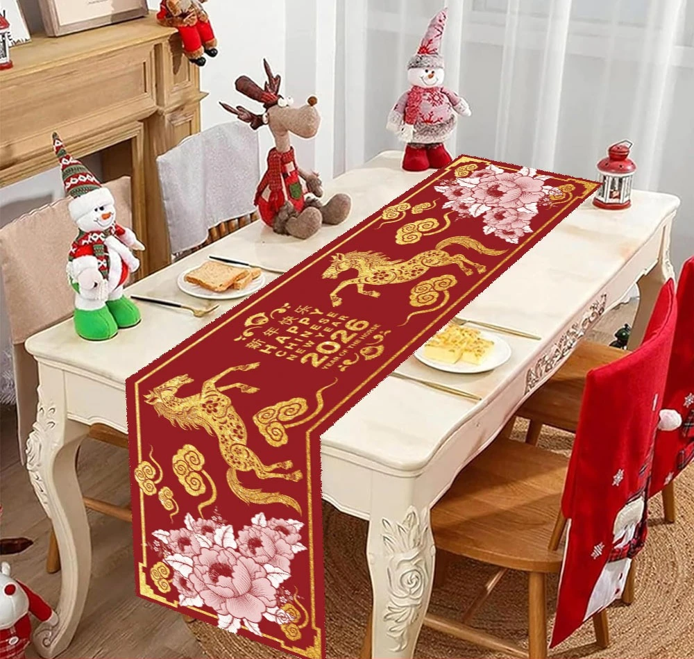 

Китайский Новый год, льняная дорожка для стола, декор для вечеринки, китайский 2026 Весенний фестиваль, лунная лошадь, цветочная дорожка для стола, новогоднее украшение