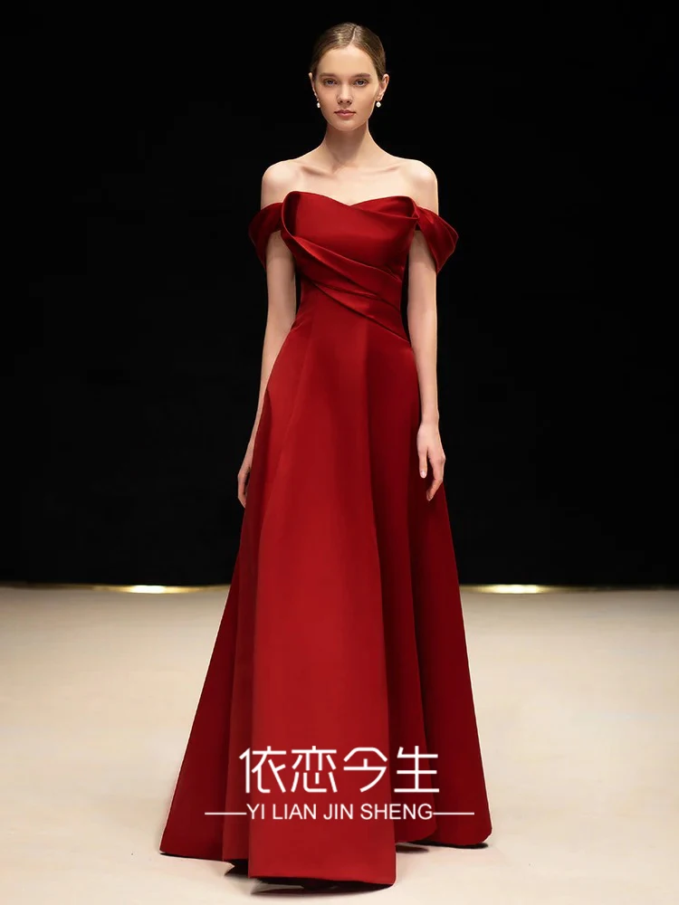 

Ele Red One-oulder Bridal Dr Women's Engagement Evening Gown Floor-Length Polyester Fiber Stitched Embroidery
