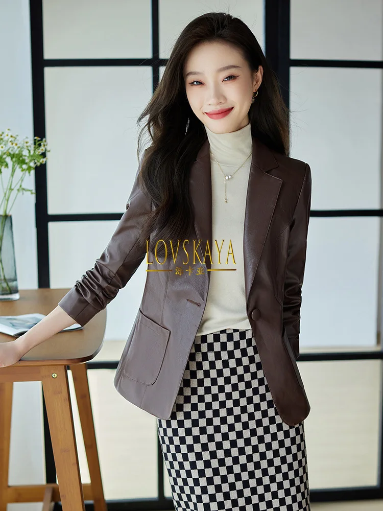 New small and short leather jacket Korean casual small suit coffee colored suit jacket for women