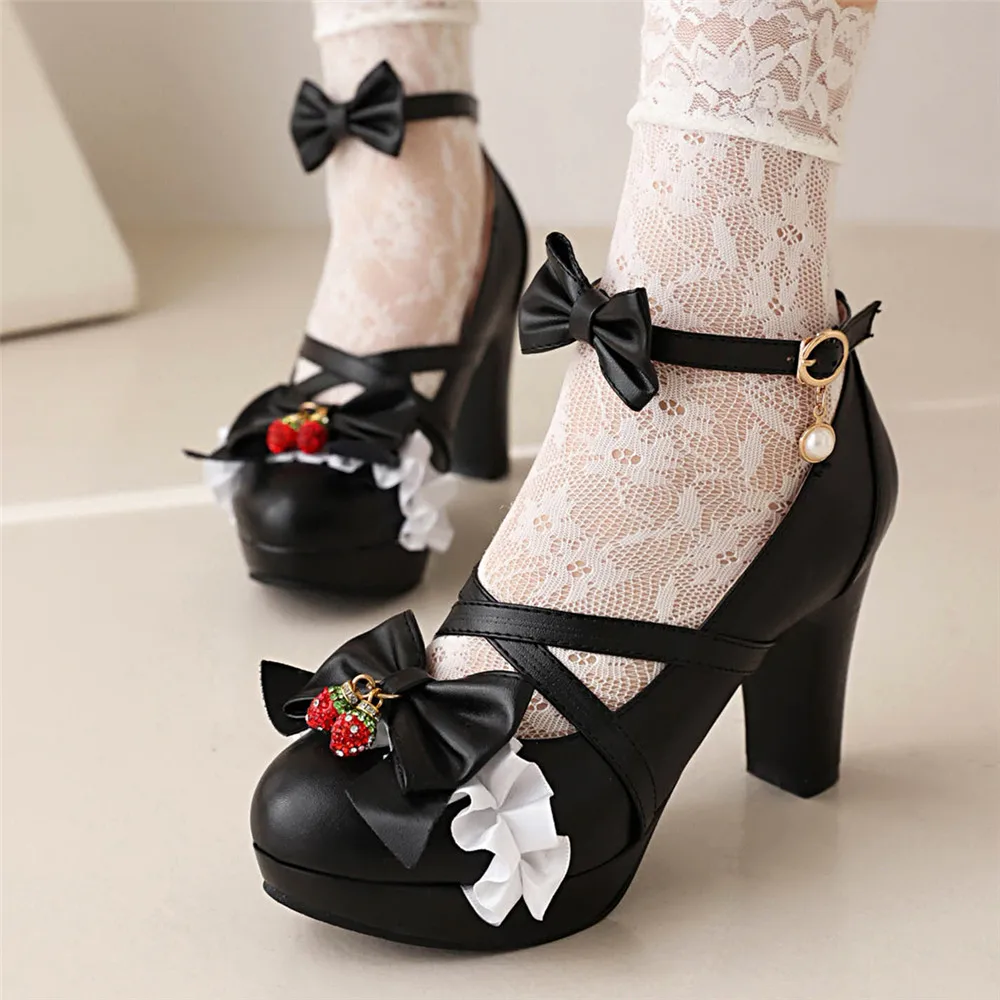 2024 Summer Ladies Platform Cute Bow Lace Princess Mary Jane Sweet Girls Lolita Shoes Party High Heel Buckle Women Pumps 31-43