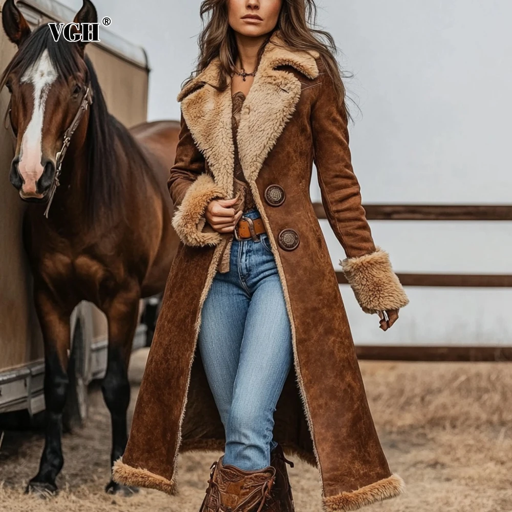 

VGH American Cowboy Retro Windbreaker with Fur for Women Lapel Long Sleeve Spliced Buttons Slim Autumn Fashionable Jacket Female