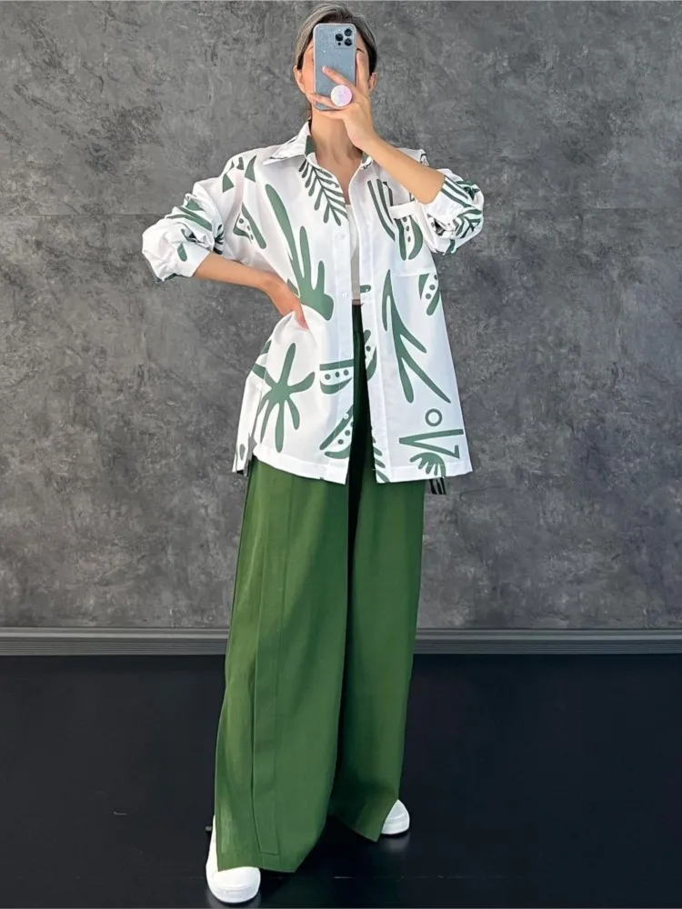 

Fashion New Two Piece Sets Spring Autumn Women's Long Sleeved Shirt High Waist Split Wide Leg Pants Sets Office Lady Pants Set