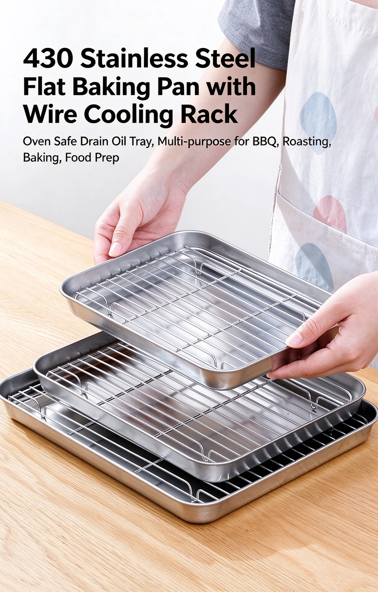 430 Stainless Steel Flat Baking Pan with Wire Cooling Rack, Oven Safe Drain Oil Tray, Multi-purpose for BBQ, Roasting, Baking