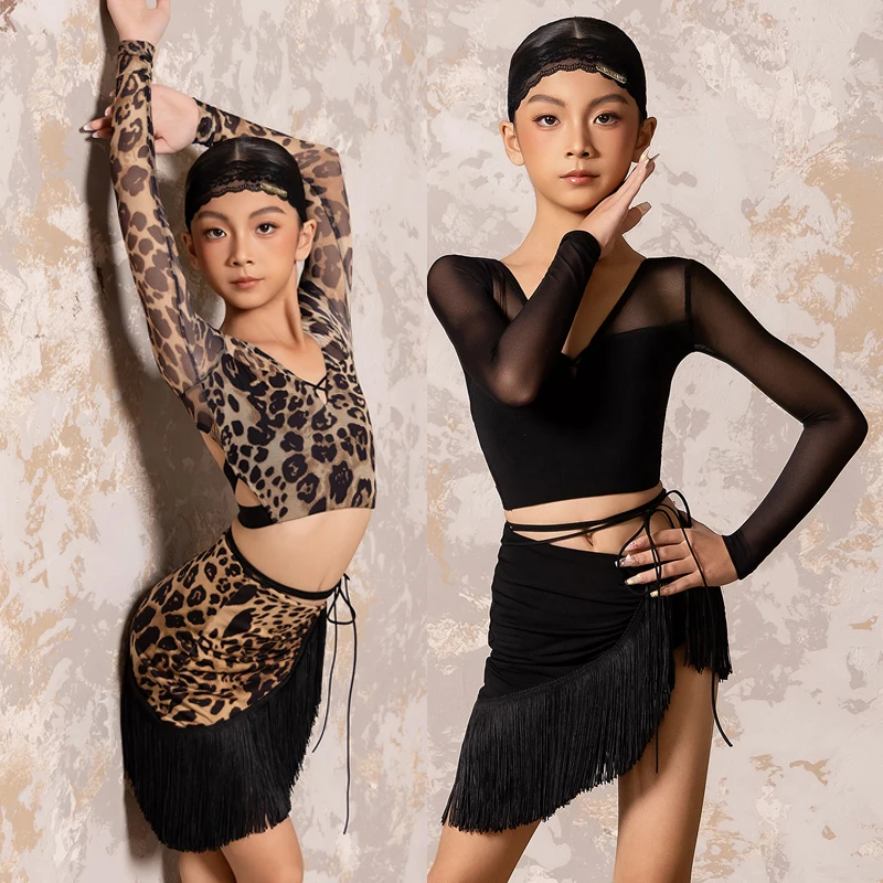 Profesjonalny strój do tańca latynoamerykańskiego dla dziewcząt na rok 2025, ubrania do występów tańca latynoamerykańskiego dla dzieci, bluzka z długim rękawem, spódnica z frędzlami DW11167