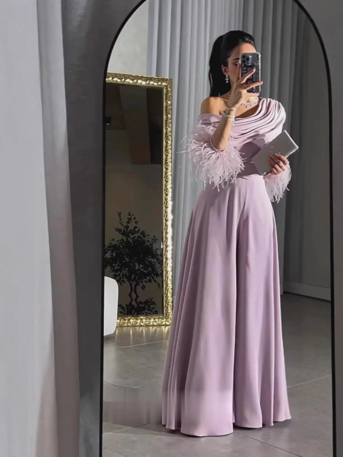 Faionable Lose Einteilige Sexy Feder Patchwork Diagonal oulder Dr Hohe Taille Lange Hosen frauen Spezielle Kleidung