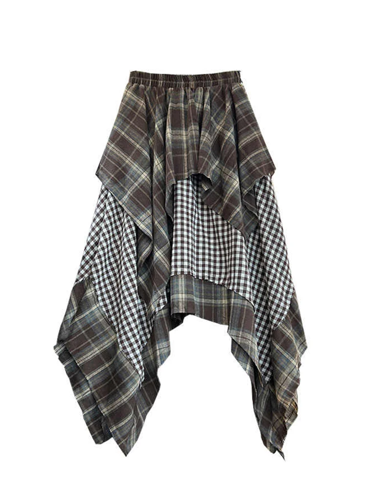 Herbst Winter frauen Midi A-line Unregelmäßigen Rock Koreanische Elastische Taille Plaid Röcke Y2k Harajuku Mori Mädchen Design Vintage Neue