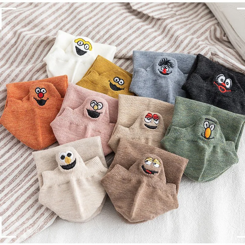 

10 Pairs Cute Socks Women Funny Socks Kawaii Cartoon Smile Face Embroidery Expression Cotton Female Short Ankle Socks Summer