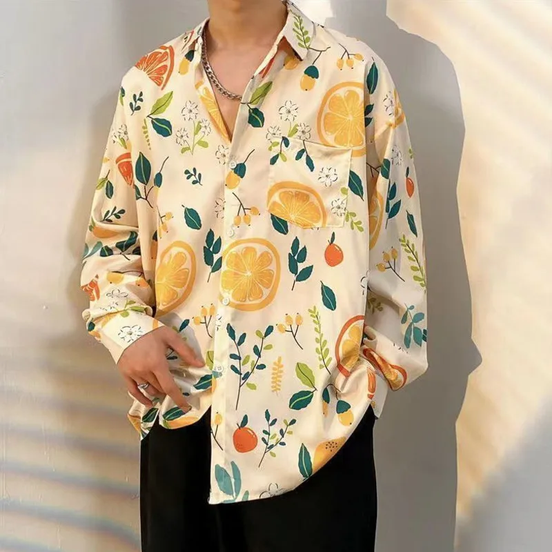 Mens Hawaiian Shirt Streetwear Hip Hop Flower Print Summer Beach Long Sleeve Shirts Men Fashion Casual Male Pocket Blouse Tops