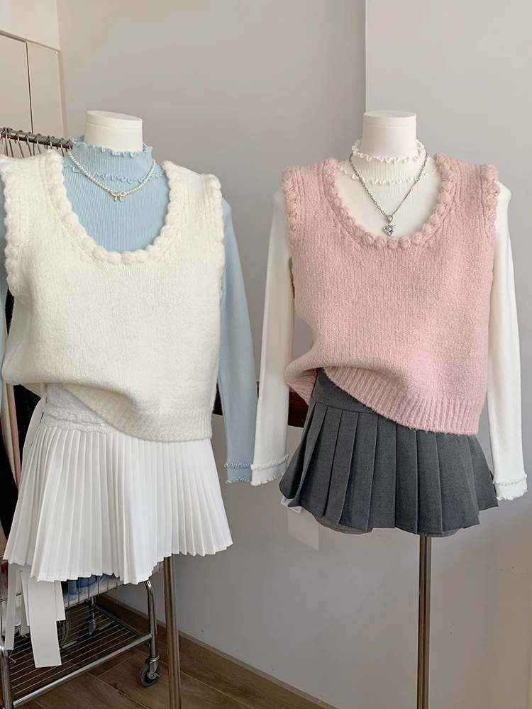 

Sweet Knit Sweater Vest Women Chic Sleeveless Pure Cotton Loose Casual Pullovers Korean Autumn O Neck Kawaii Preppy Jumpers New
