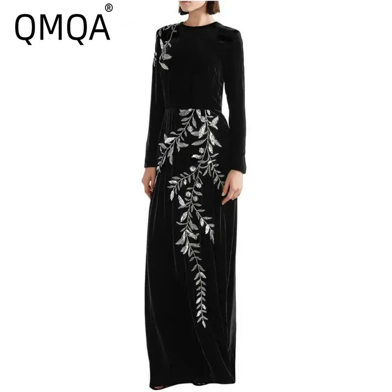 

QMQA Fashion Women's Slimming Elegant Dresses O Collar Long Sleeve High Waist Spliced Diamonds Chic Dress Female Clothing 1A817