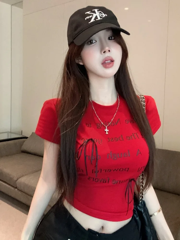 

American Hot Girl Red Letter Print Short Sleeve T-Shirt Summer Slimming Knot Short Women's Fashion City Walk Top